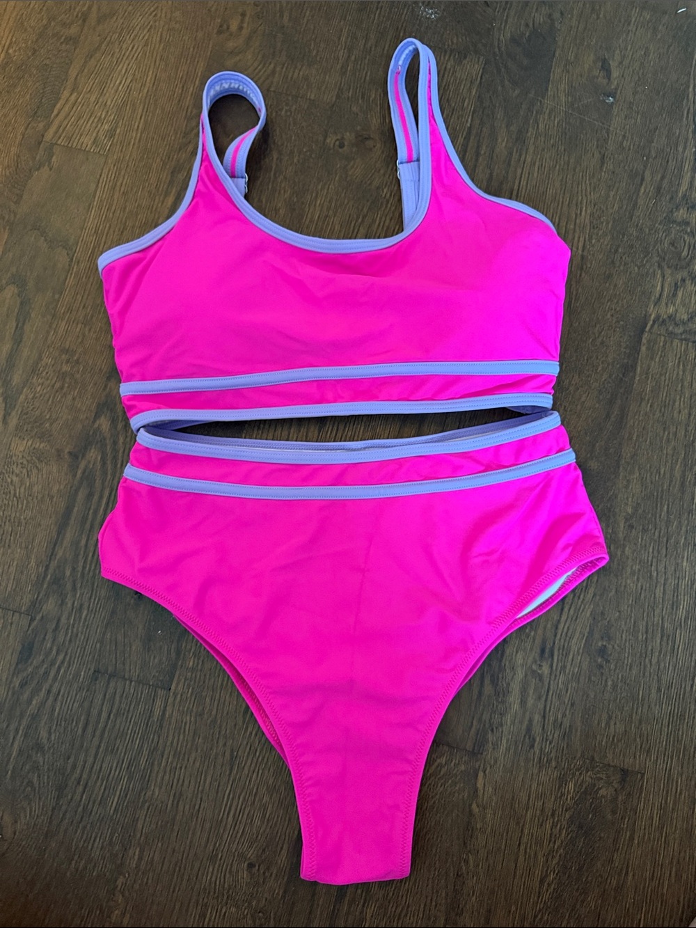 Neon Hot Pink two-Piece Swimsuit with Light Purple Trim